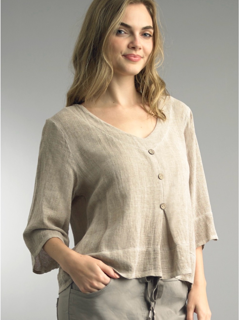 Tempo Paris Linen Relaxed V-Neck Button Front Top